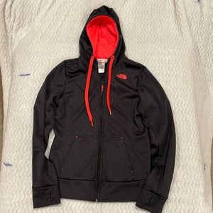 North Face dark grey and neon coral hoodies jacket. Size Small.